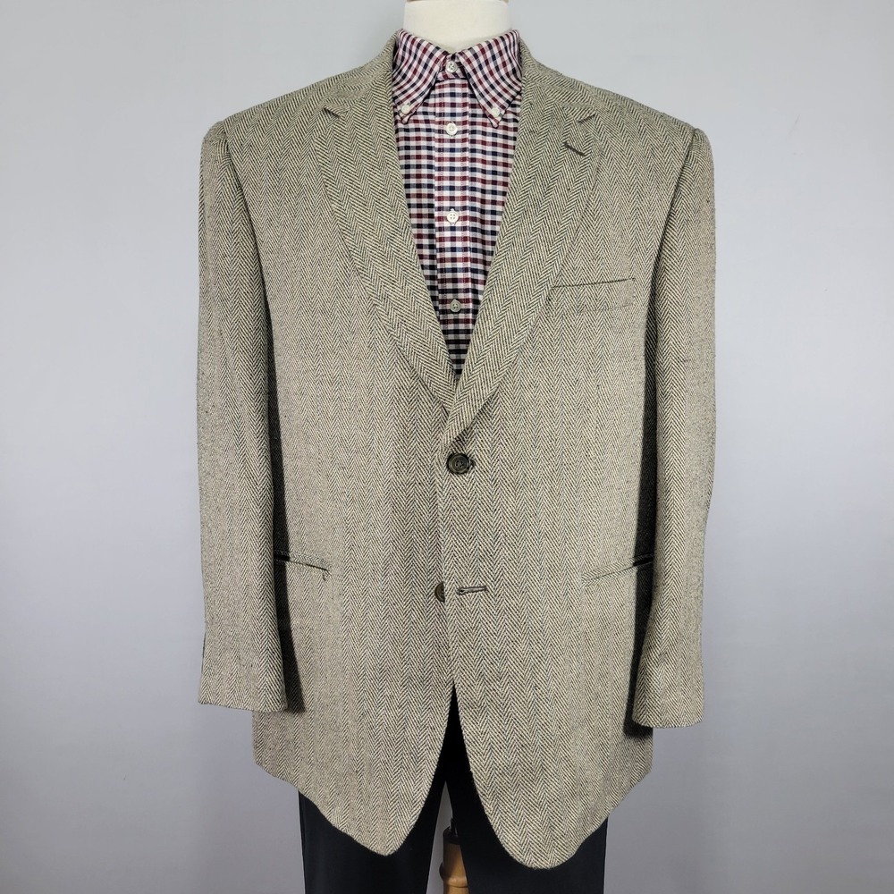Hunt Valley Men's Sport Coat Blazer Two Button Beige Herringbone 100%‎ Silk 46R